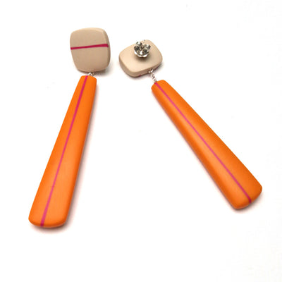 Kaz Robertson - Long rectangle earrings -orange w cerise stripe/ nude tops