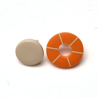 Kaz Robertson - Don’t match studs-orange stripe hoop w nude plain round