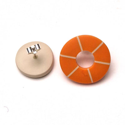 Kaz Robertson - Don’t match studs-orange stripe hoop w nude plain round