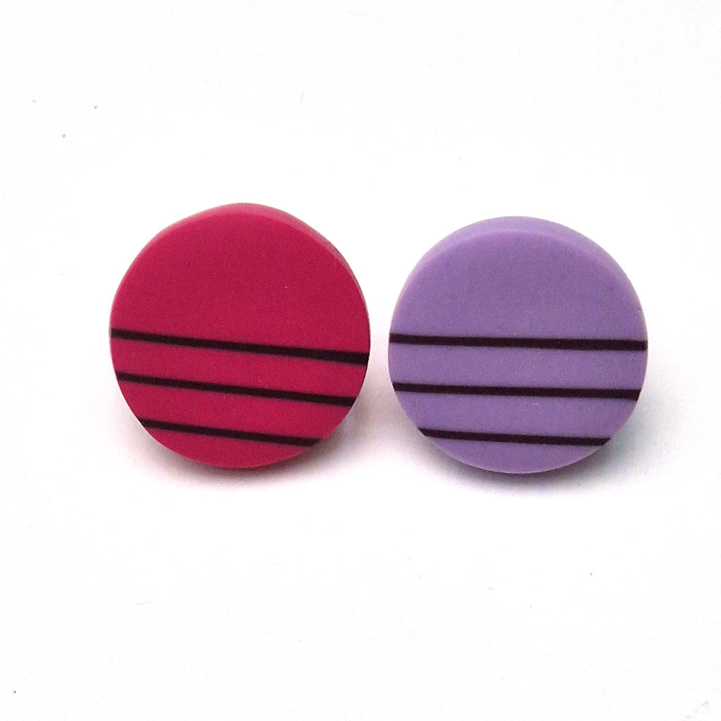 Kaz Robertson - Don’t match studs-cerise w maroon stripes/ lilac w maroon stripes