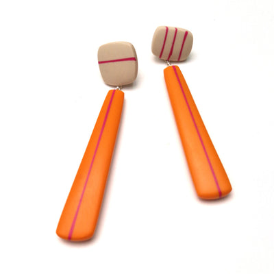 Kaz Robertson - Long rectangle earrings -orange w cerise stripe/ nude tops